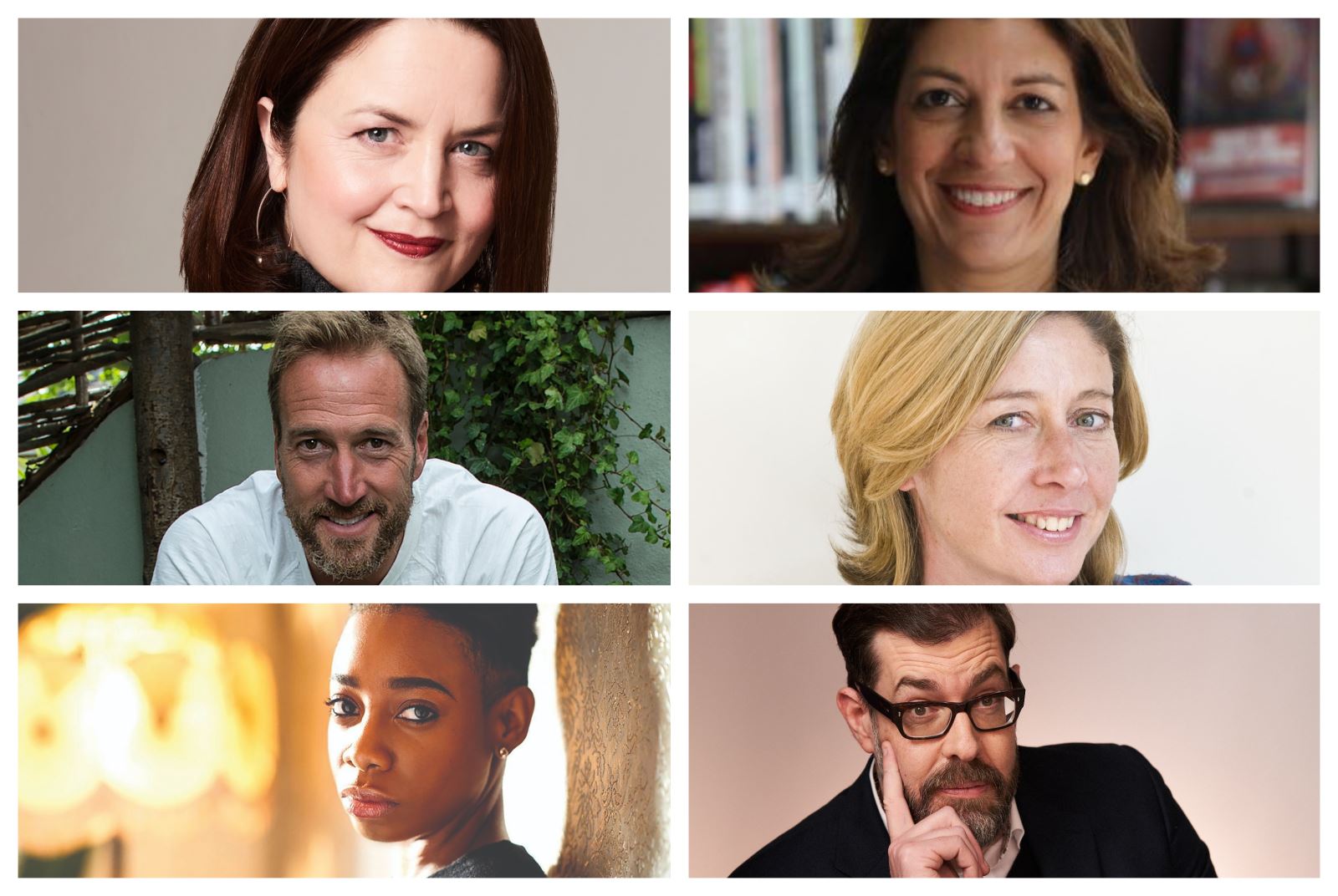 Portraits of some of the speakers at Cheltenham Literature Festival. From top left to bottom right: Ruth Jones, Leslie Vinjamuri, Ben Fogle, Christina Lamb, Ashley 'Dotty' Charles and Richard Osman.